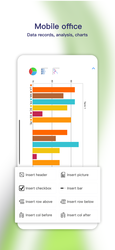 Simple Spreadsheet:view & edit - A mobile spreadsheet interface displaying a colorful bar chart and a menu with options to insert checkboxes, images, and rows.