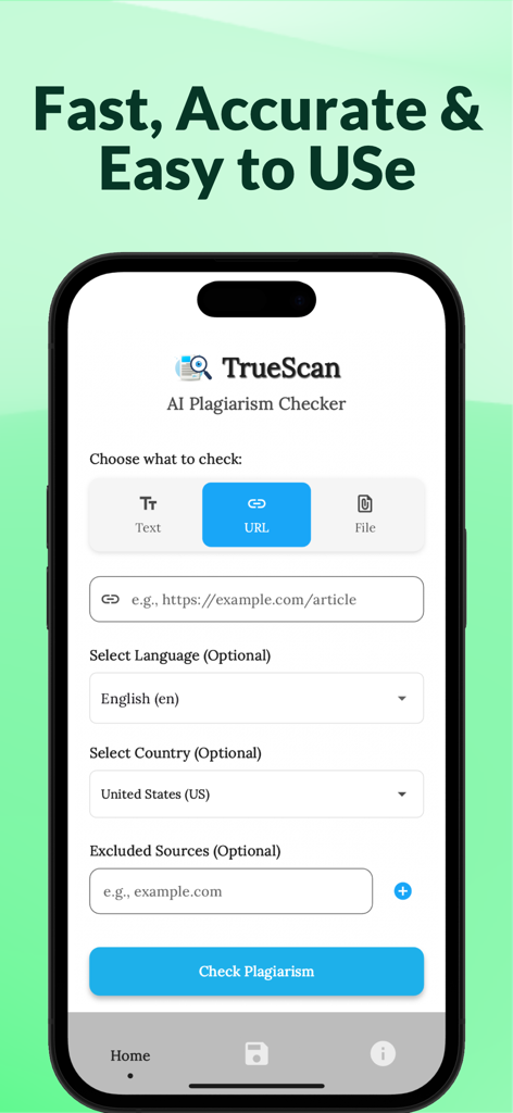 PlagScan : Plagiarism Checker - PlagScan mobile app interface on an iPhone showing the plagiarism check options for URL and text