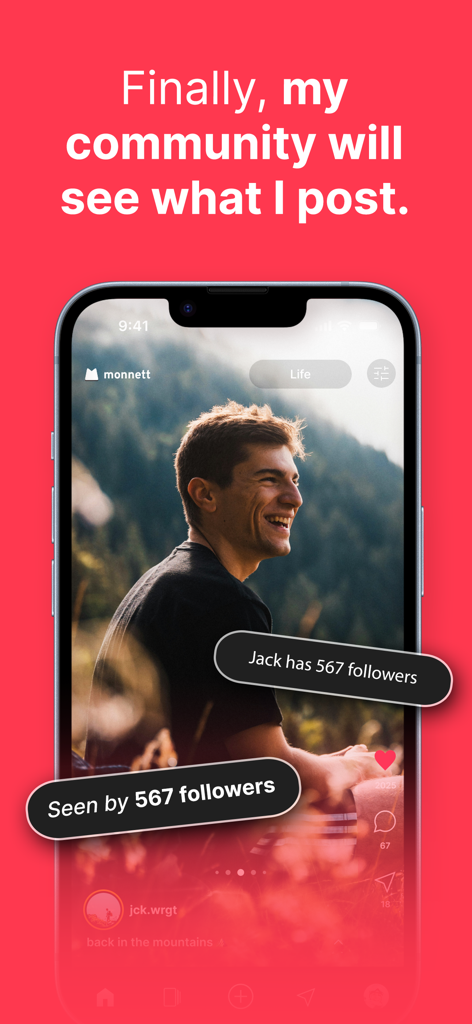 monnett - Un smartphone mostrando la interfaz de la aplicación monnett con una publicación que llega a los 567 seguidores.