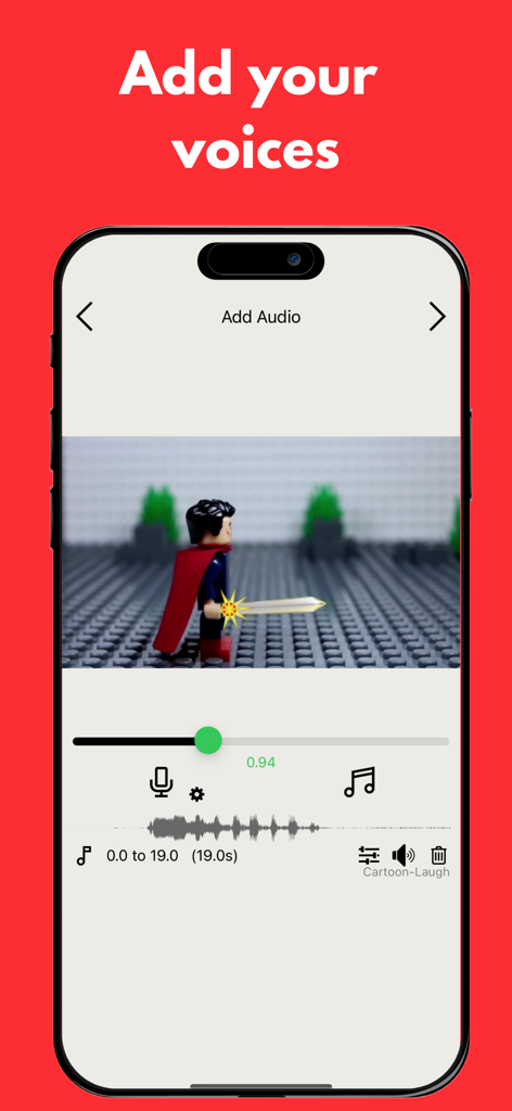 Animatives - stop motion maker - Smartphone screen showing the Animatives app interface for adding voiceovers and sound effects to a stop motion animation project.