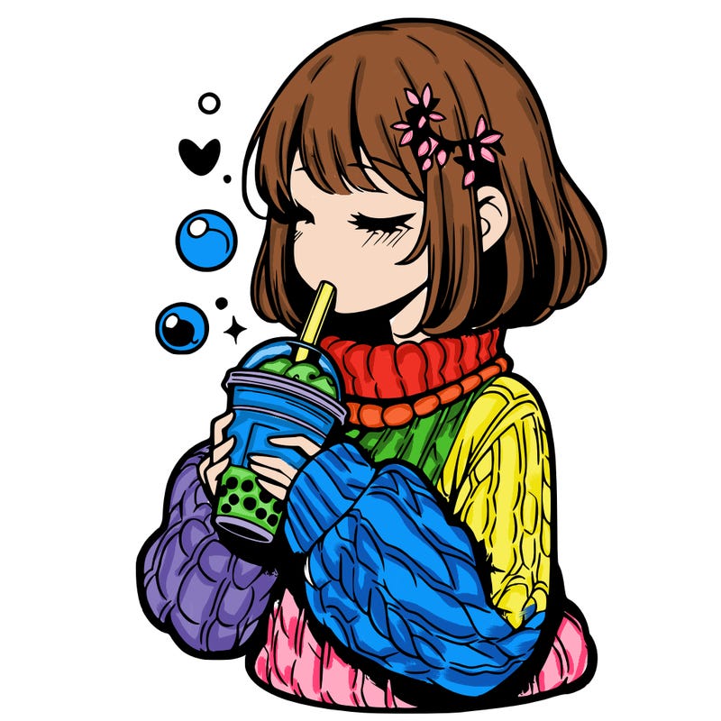 manga girl drinking boba in cozy sweater