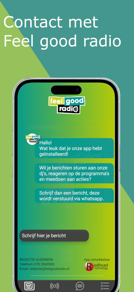 Feel Good Radio - Nieuws&Radio - Página de contacto de la aplicación Feel Good Radio para enviar mensajes a los DJs.