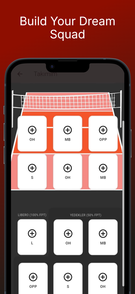 Interfaz de la aplicación SetPoint que muestra una distribución de cancha de voleibol para construir un equipo de ensueño de fantasía con posiciones específicas de jugador.