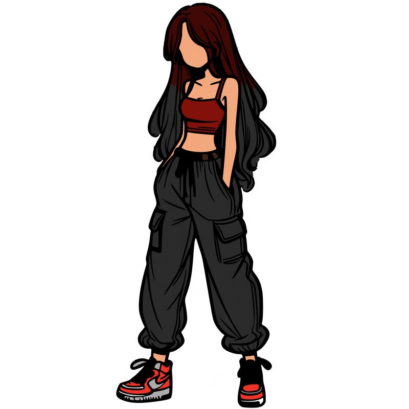 girl in baggy pants crop top and long hair
