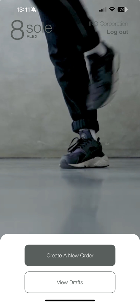 8sole Flex mobile app dashboard showing Create A New Order and View Drafts buttons.