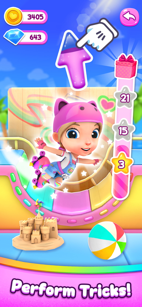 Sara character performing rollerskating tricks in a colorful skate park environment