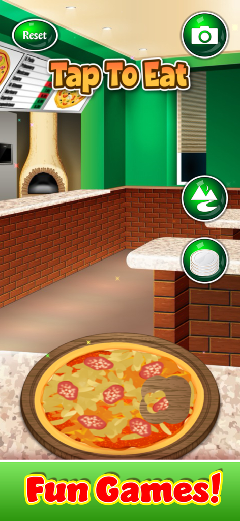 Cooking Games: Pizza Maker - Screenshot of a virtual pizza game showing the tap to eat feature in a pizzeria setting