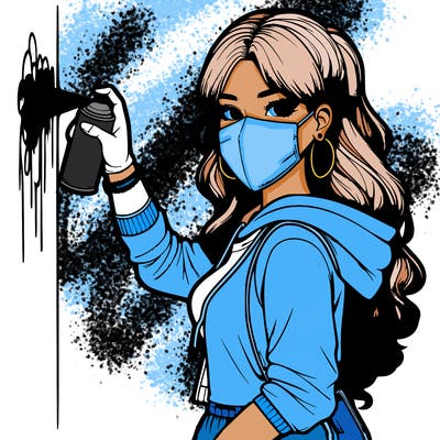 realistic girl with mask spray painting a wall