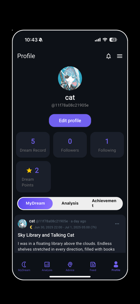 Dream Journal AI - muu - User profile interface for Dream Journal AI muu showing dream stats and logs
