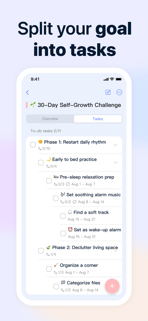 GoalMap: Goal Planner & To-Do - GoalMap app displaying a 30-day self-growth challenge broken down into specific nested tasks