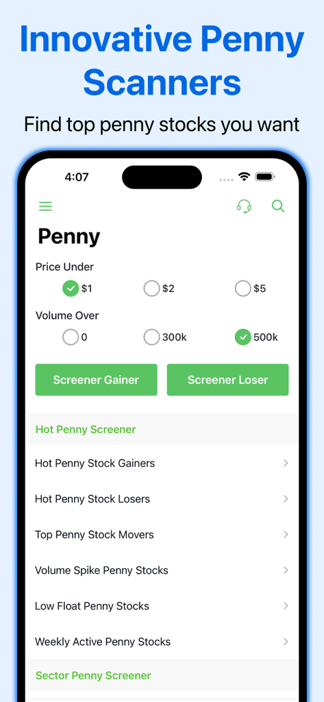 Stock Scanner Screener AI - Interfaz de escáner de acciones de centavo mostrando filtros de precio y volumen para traders activos