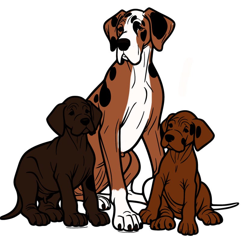 a mom great dane with her 3 great dane male puppies