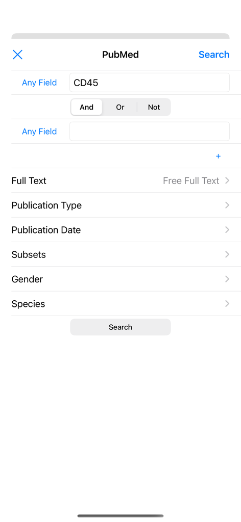 PubMed On Tap - Advanced search interface in the PubMed On Tap app with Boolean operators and research categories.