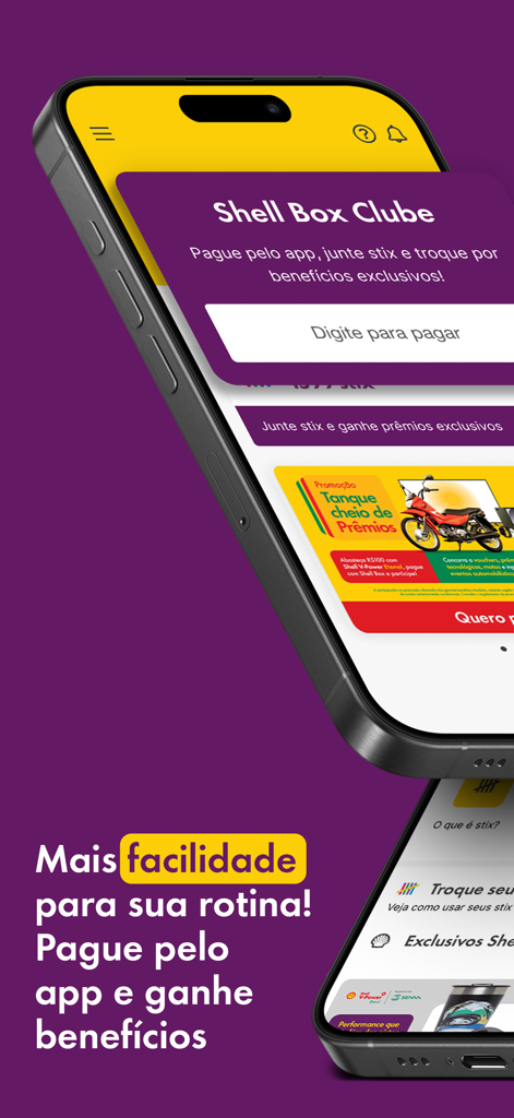 Interface do aplicativo móvel Shell Box mostrando o programa de fidelidade Shell Box Clube e opções de pagamento sem contato em um iPhone
