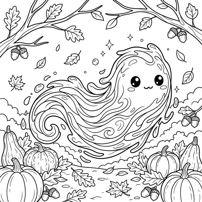 Embrace the cozy vibes of fall with this charming coloring page featuring a whimsical water slime. Surrounded by pumpkins, gourds, and fallen leaves, this adorable creature invites you to add a splash of autumn color.