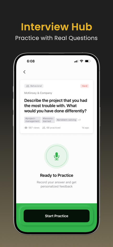 Interview Pilot: AI Copilot - Eine mobile App-Oberfläche, die eine Verhaltensfrage von McKinsey & Company mit einer Schaltfläche „Übung starten“ anzeigt.