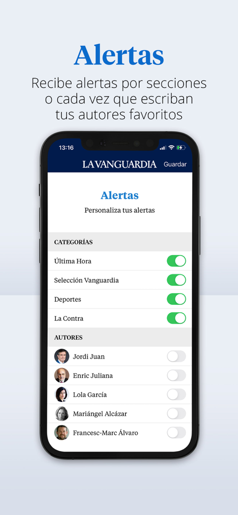 La Vanguardia - Pantalla móvil que muestra la configuración de alertas de noticias de la aplicación La Vanguardia para categorías y autores
