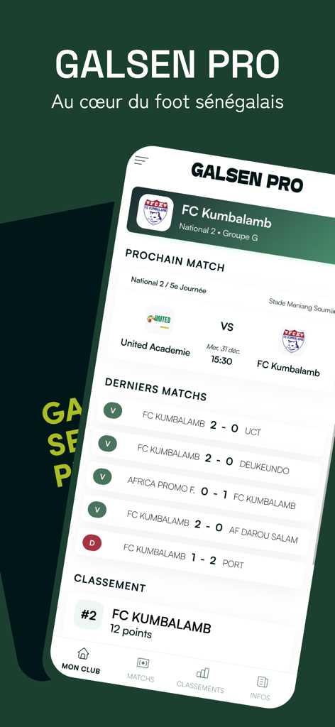 Galsen Pro - Galsen Pro app interface showing FC Kumbalamb club statistics and match results