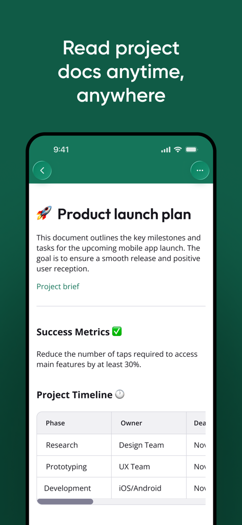 Backlog: Project Management - Interfaz de la aplicación móvil Backlog que muestra un documento de plan de lanzamiento de proyecto con una tabla de cronograma.