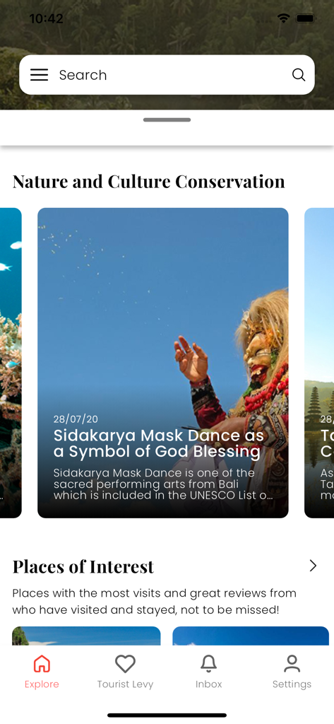 Official Love Bali app interface displaying culture conservation articles and a search bar for travelers.