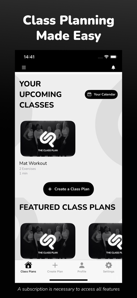 The Class Plan - The Class Plan app interface showing upcoming mat workouts and featured Pilates lesson plans for instructors.