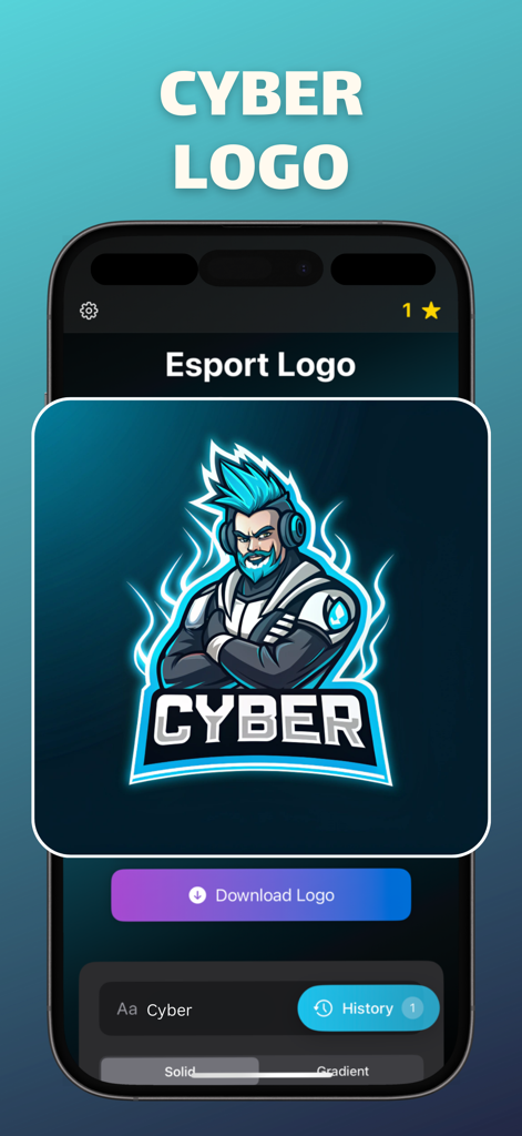 AI-generated esports mascot logo featuring a futuristic male character with blue hair for a gaming team named Cyber