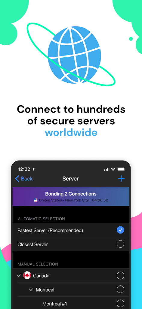 Speedify: Fast Bonding VPN - Speedify mobile app interface showing global secure server selection and connection bonding features