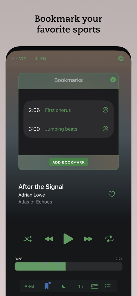 Muziqi - Pro Music Player - Interfaz de la app Muziqi mostrando la función de marcadores con marcas de tiempo y notas específicas para una pista de música.