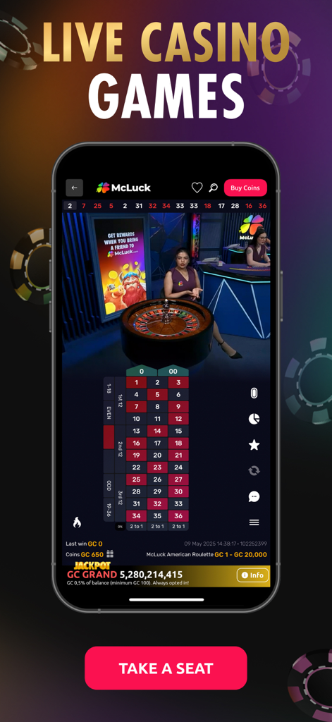 A live dealer American Roulette game interface on the McLuck social casino mobile app