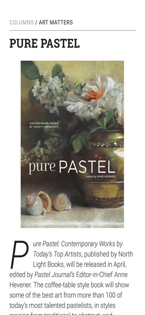 Pastel Journal - A page from the Pastel Journal app featuring an article about the book Pure Pastel with floral pastel artwork