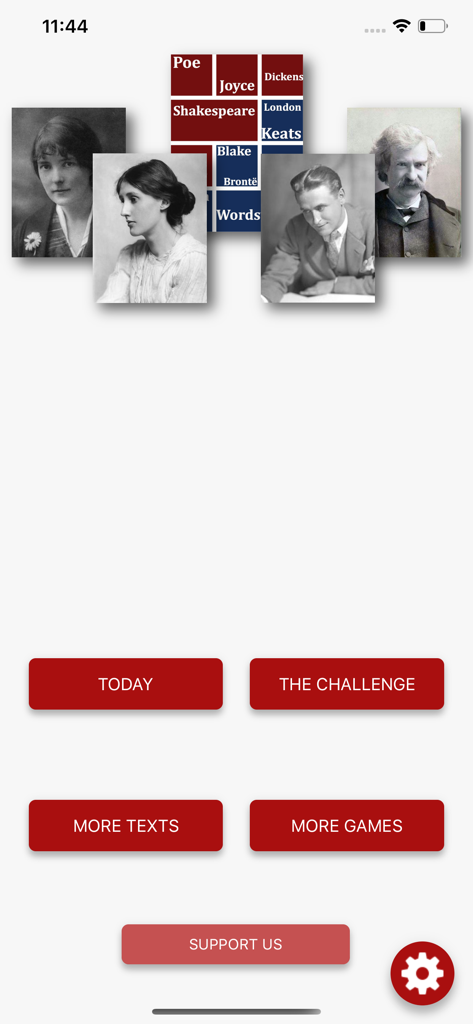 Schermata principale dell'app A Text A Day con ritratti di autori famosi e pulsanti di navigazione per testi e giochi giornalieri