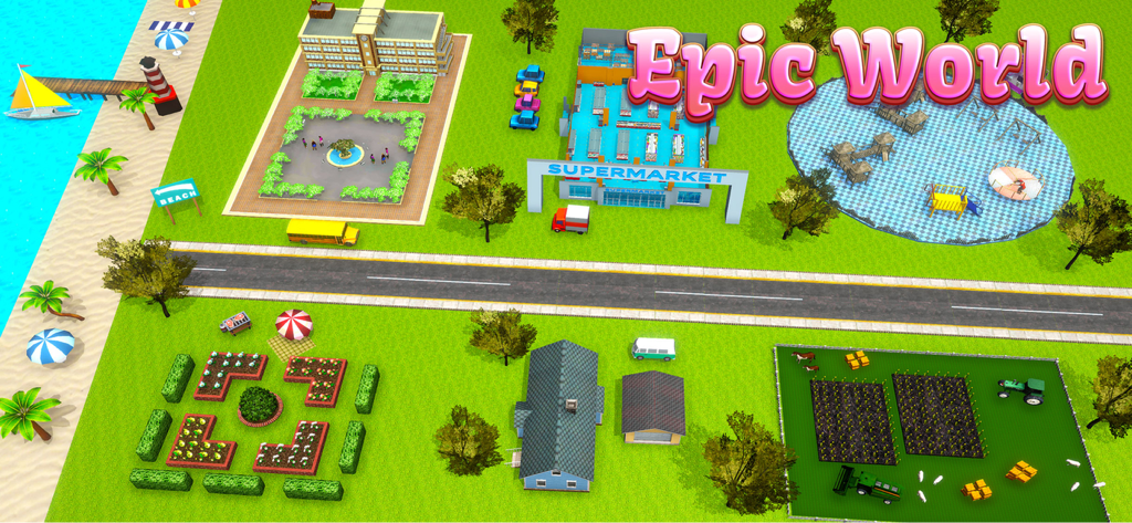 Cat Simulator 2 - Vista aérea de arriba hacia abajo de las diversas ubicaciones del juego en Cat Simulator 2, incluyendo una playa, escuela, supermercado, patio de recreo y granja.