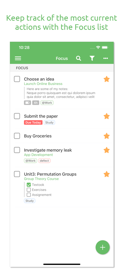 Everdo: GTD and To-Do List - Everdo GTD task manager app Focus list screen with categorized tasks and tags