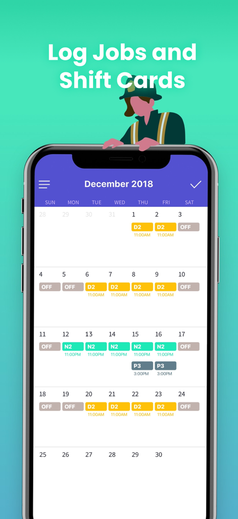 Shift Day Work Calendar: Spoke - Monthly calendar view of the Spoke shift work app with color coded shifts
