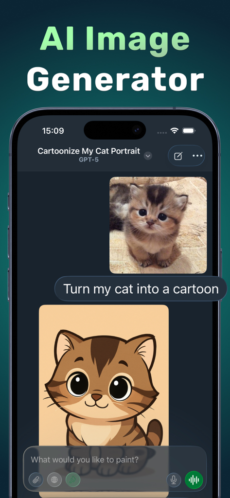 Xenova: AI Chat & Assistant - Xenova AI app interface showing the AI Image Generator feature converting a real kitten photo into a cartoon illustration.