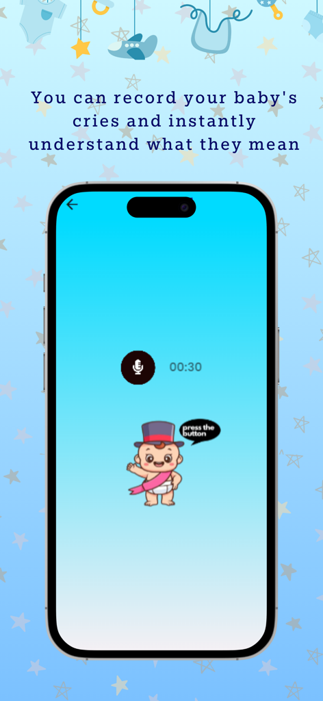 Baby Translator - Interfaz de la aplicación Traductor de Bebés mostrando un botón de micrófono para grabar llantos de bebé con una ilustración de un bebé de dibujos animados.