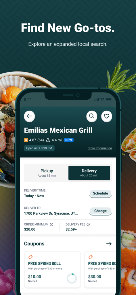 Beyond Menu app screen showing a local restaurant page with delivery info and coupons.