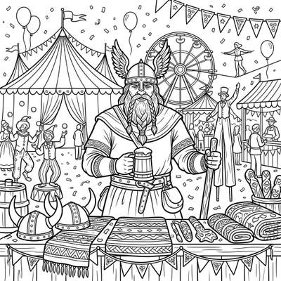 Journey to a fantastical fairground where a mighty Viking trader has set up shop amidst the joyful chaos of a carnival. This unique coloring page blends historic adventure with festive fun, perfect for imaginative colorists.