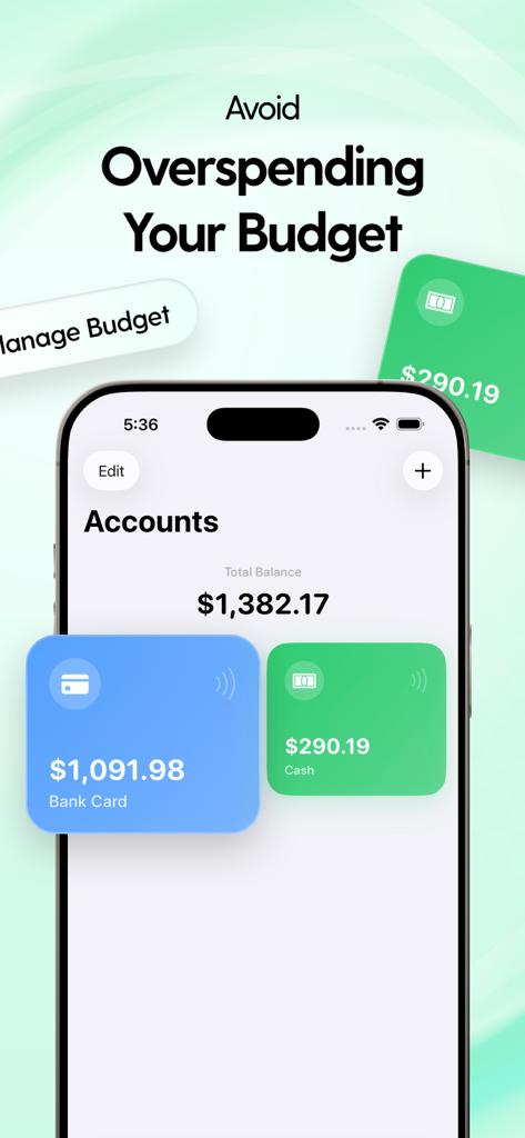 Budget Planner - PocketWealth - Interface of the PocketWealth budget planner app showing total balance and account breakdowns for a bank card and cash.