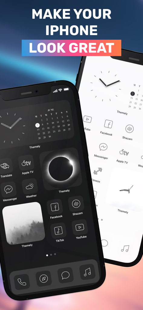 Themes - Icon Changer + Widget - Customized iPhone home screens showing dark and light aesthetic themes with icons and widgets