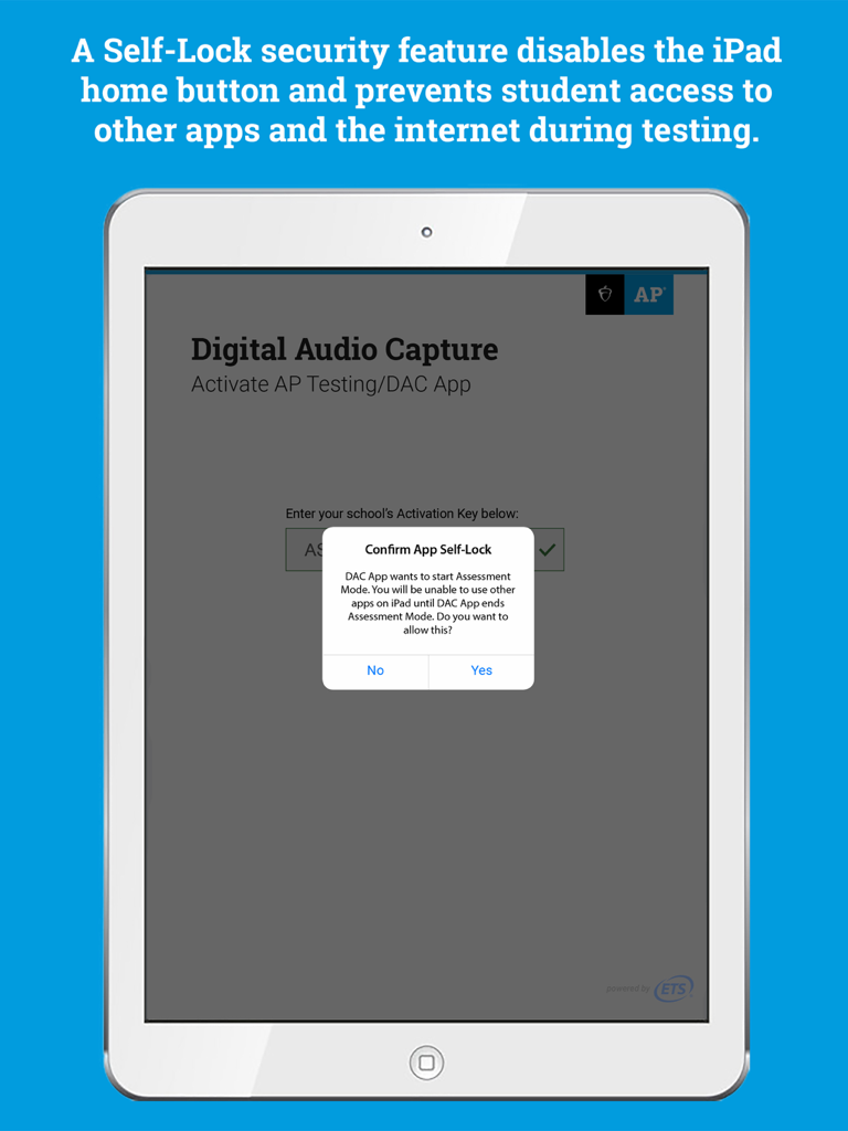 DAC App - iPad showing the DAC App self-lock security prompt to enable assessment mode for secure testing