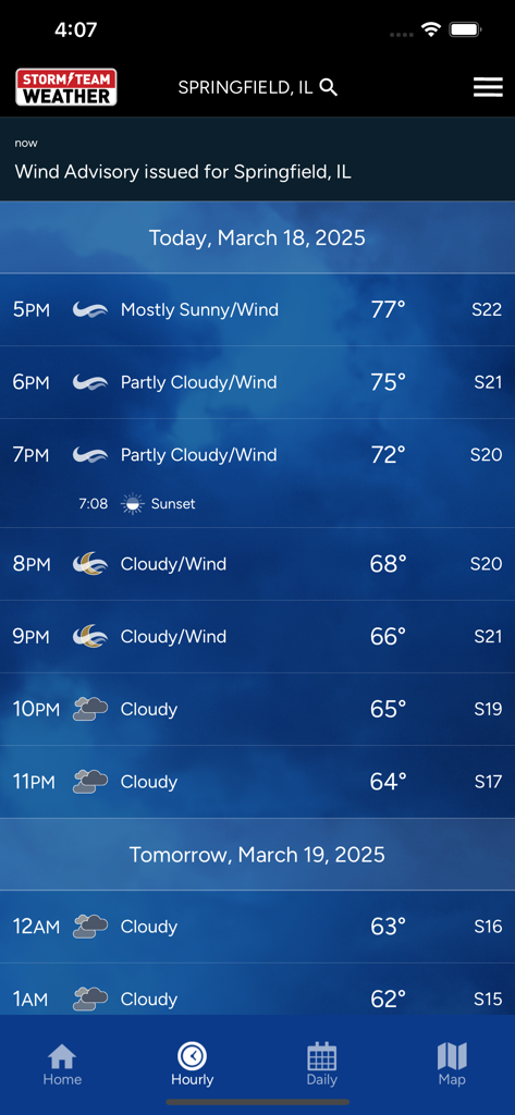 WICS Storm Team Weather - Hourly weather forecast for Springfield Illinois in the WICS Storm Team Weather app showing temperatures and a wind advisory.