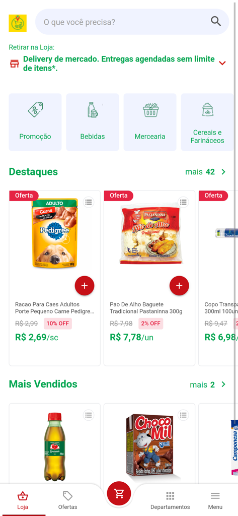 Villefort Entrega - Interfaz de la aplicación Villefort Entrega mostrando varias categorías de comestibles y productos promocionales como comida para perros y pan de ajo