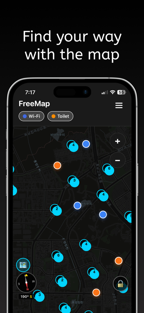 Vista de mapa en FreeMap que muestra puntos de acceso WiFi gratuitos y baños públicos cercanos