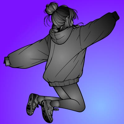 realistic girl jumping with a bun and oversized sweatshirt