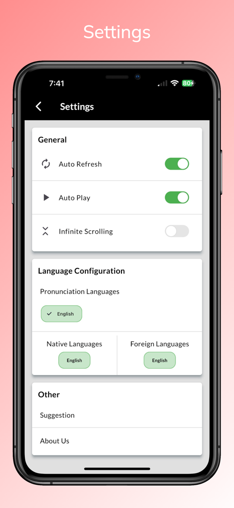 Animal Sounds - With Birds - Pantalla de configuración que muestra la configuración general y de idioma para la aplicación Sonidos de Animales