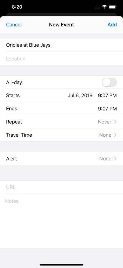 iOS screen for adding a baseball game event to the calendar