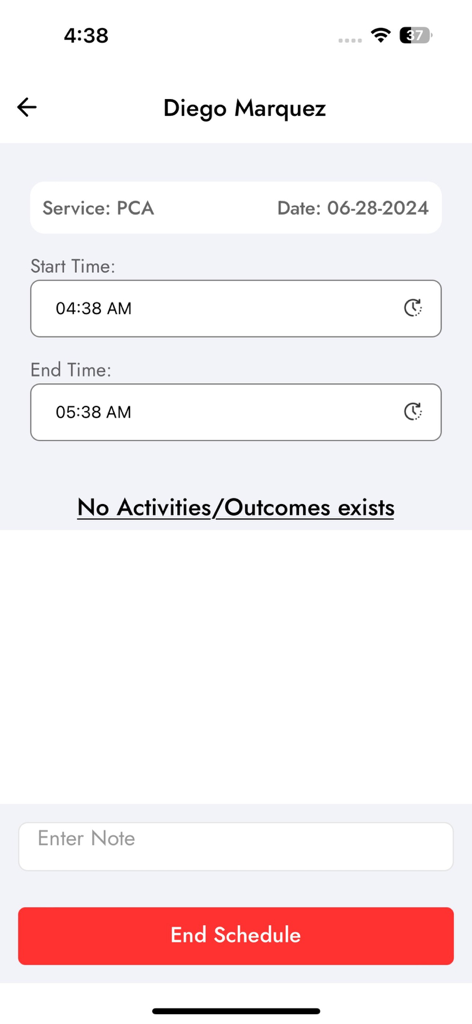 RevivingCare EVV - RevivingCare EVV app screen showing PCA visit details with start and end times and an End Schedule button