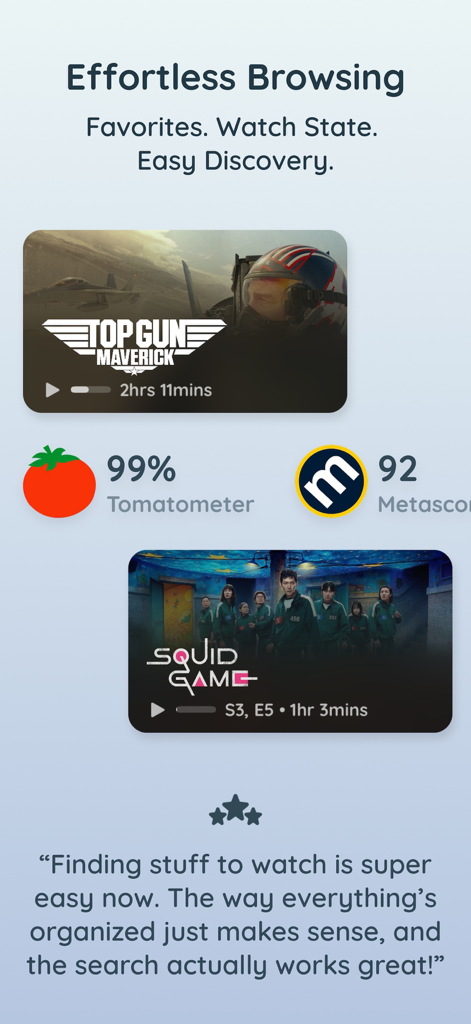 Chillio IPTV Smart Player Pro - Interface do aplicativo Chillio IPTV mostrando recursos de descoberta de filmes com classificações e indicadores de status de visualização.