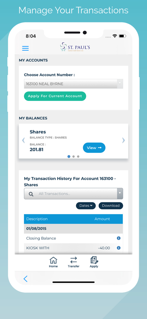 St. Paul's Garda Credit Union app screen showing account balances and transaction history.